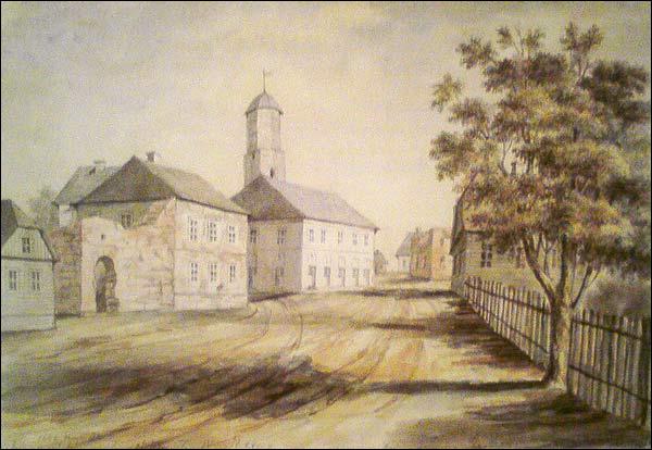 Merkinė |  Town hall . Town hall in Merkinė (XVI cent.) Drawing by Napoleon Orda (1875-1877). In the early 1880 it was destroyed, and Orthodox church was built at its place.