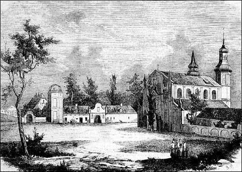  - Кляштар Святога Крыжа. Кляштар на малюнку Падбельскага (1860-я)