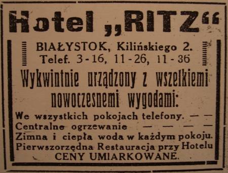  -  Hotel Ritz. 1926 r. Reklama hotelu Ritz. (www.bagnowka.com)