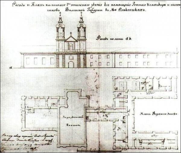  - Catholic church of Blessed Virgin Mary and the Monastery of Franciscan. Plan and facade of the Franciscan Monastery in Valkininkai, 1839